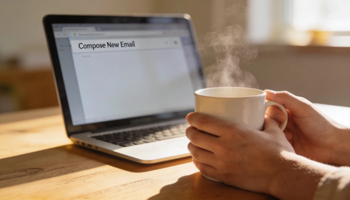 Hands holding coffee mug at desk with laptop open to email compose window representing relationship email marketing for small business owners