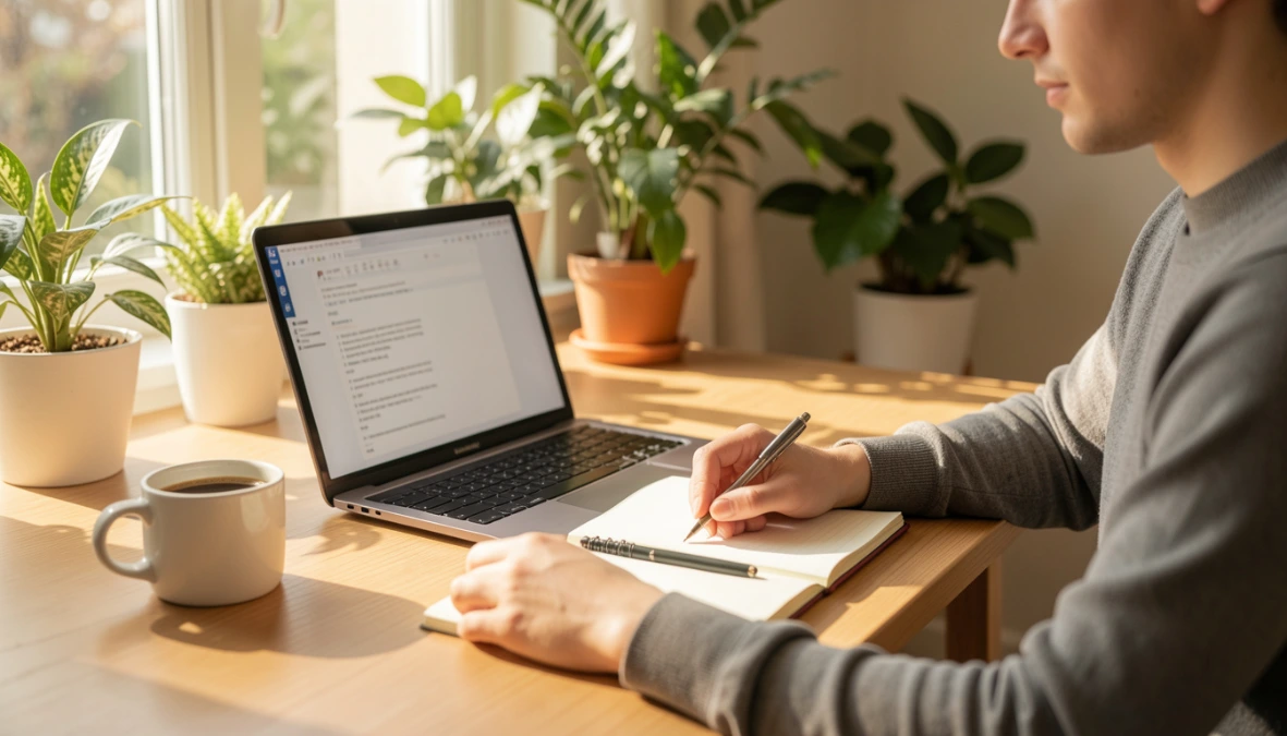 Person at bright home office desk with laptop and notebook representing how to create a membership site for coaches and solopreneurs