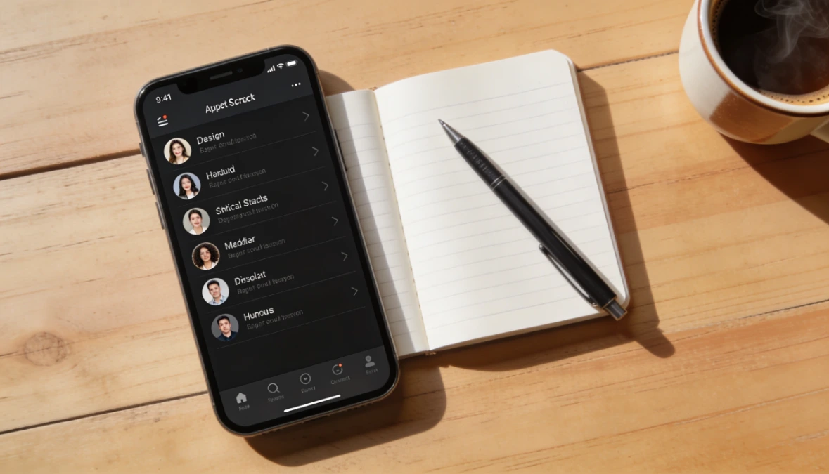 Overhead flatlay with smartphone showing contacts list and notebook representing CRM and marketing automation for small business owners