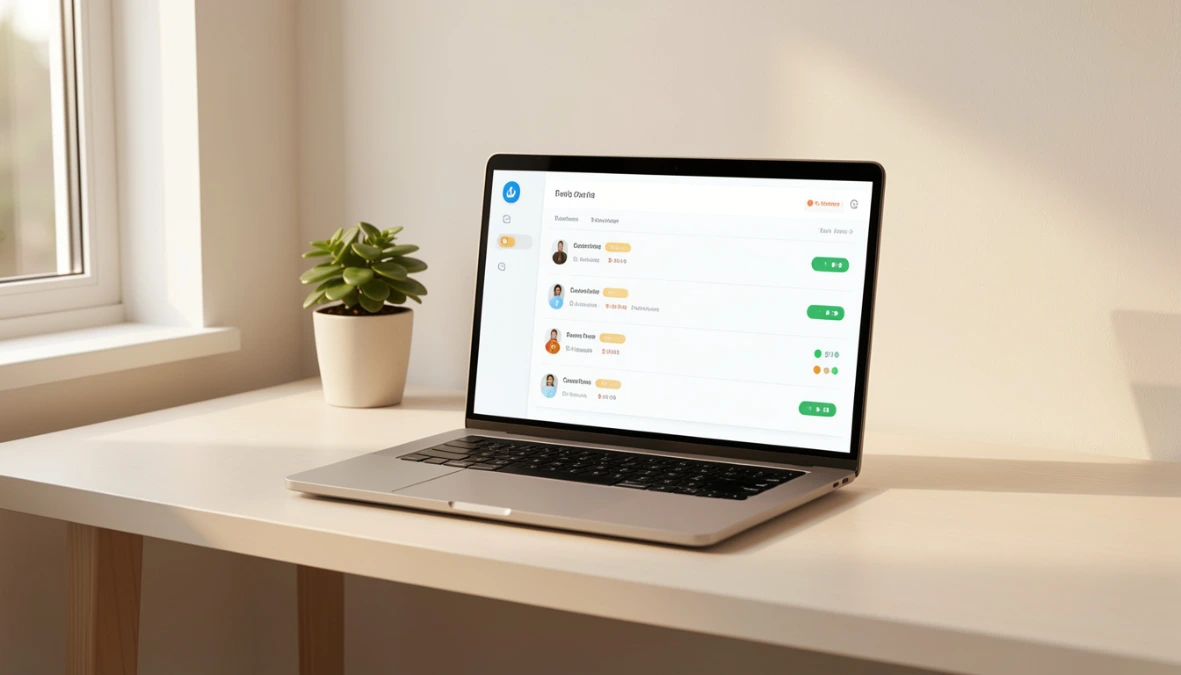 Laptop on clean desk showing CRM contact interface representing lead management software for small business owners