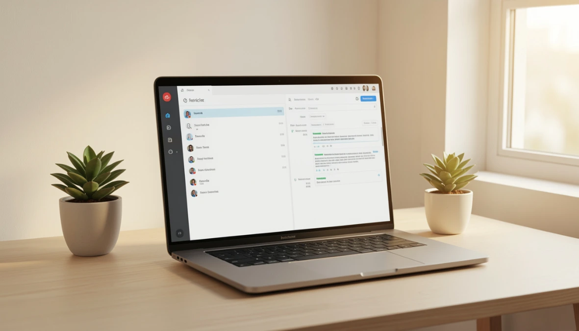 Clean desk with laptop showing connected CRM and marketing automation dashboard representing integrated business system for small business owners