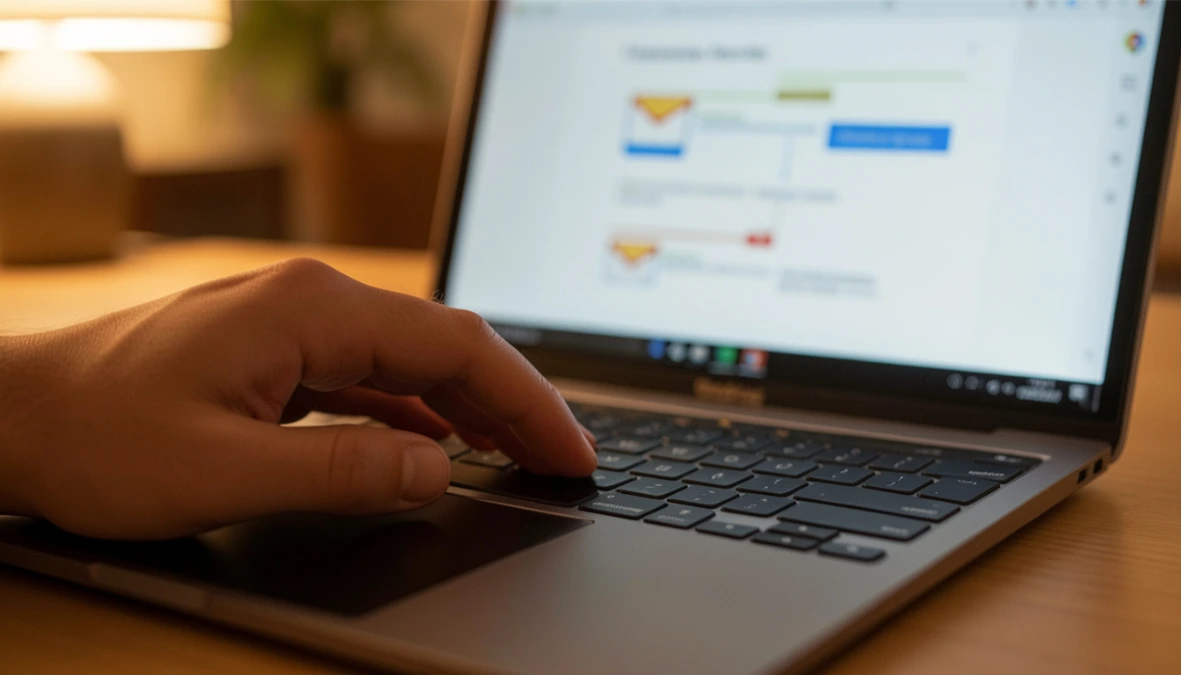 Person reviewing automated email workflow on laptop representing CRM vs marketing automation for small business owners