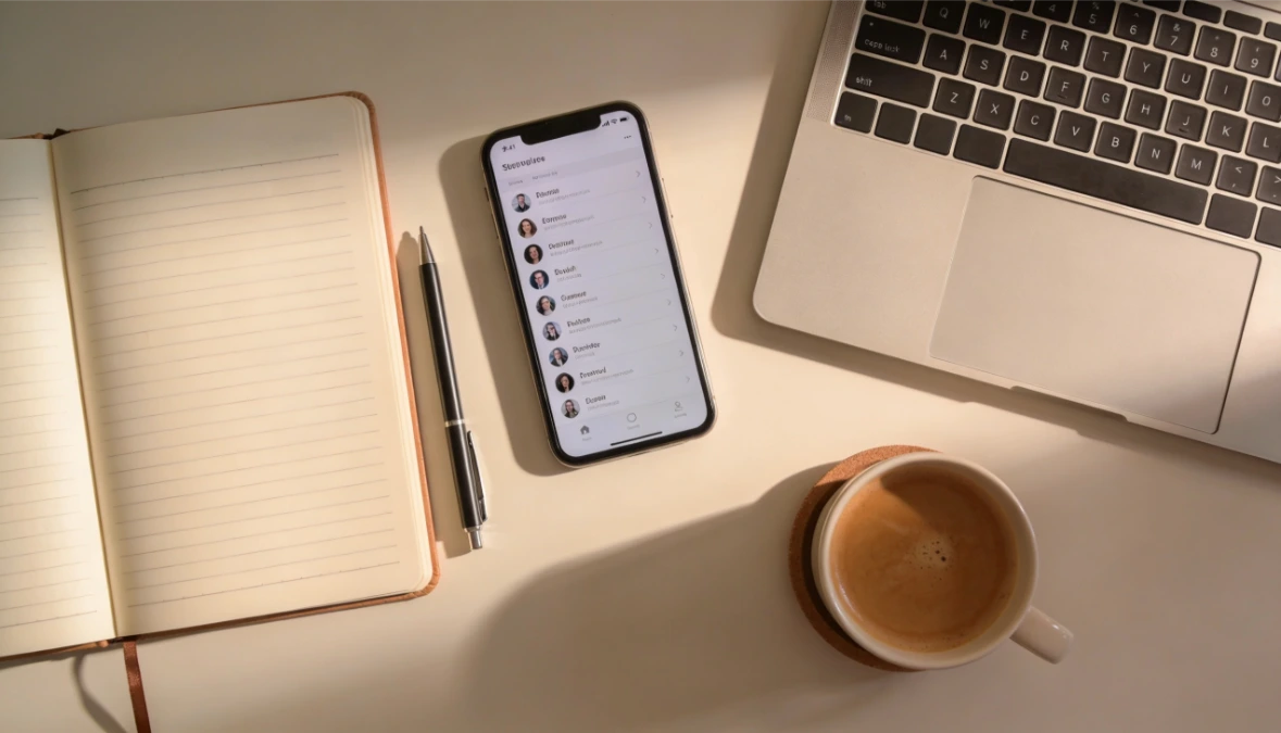 Overhead desk flatlay with laptop and smartphone representing integrated CRM and marketing automation for small business owners
