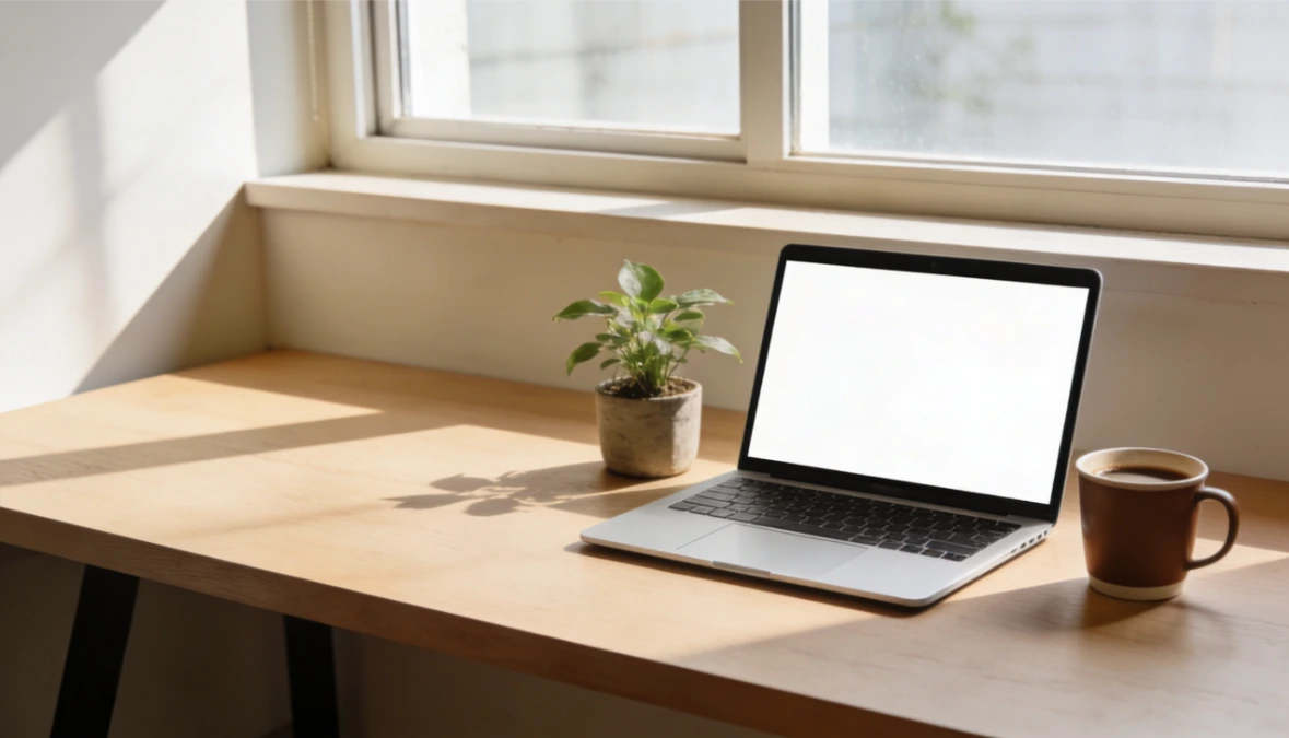 Minimal clean desk with laptop and coffee representing how to simplify your business for small business owners