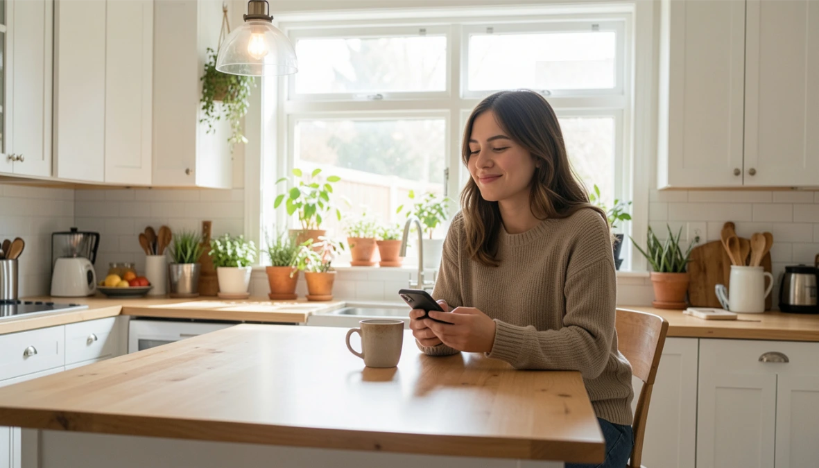 Woman at kitchen island with coffee and smartphone representing simplifying business processes for small business owners