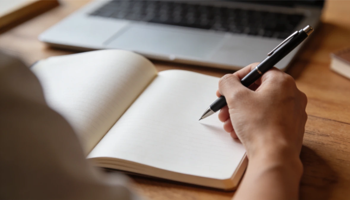 Person holding pen over open notebook with laptop in background representing FG Funnels pricing review for online business owners