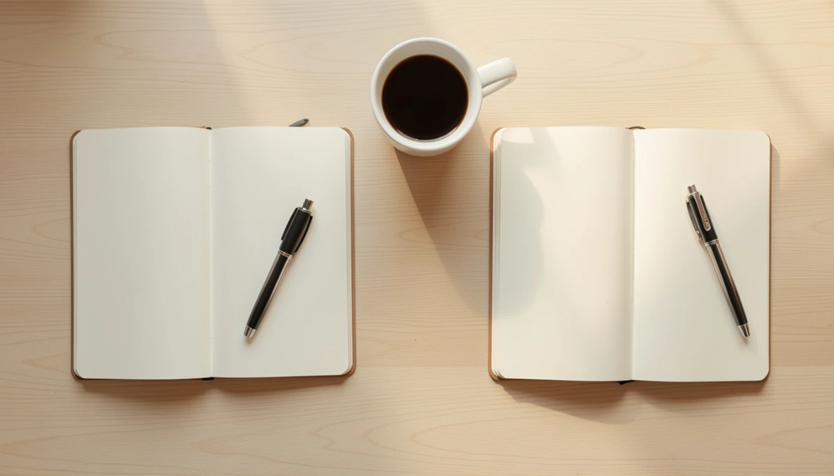 Two open notebooks side by side on desk representing FG Funnels vs ESC Hub comparison for coaches and online business owners