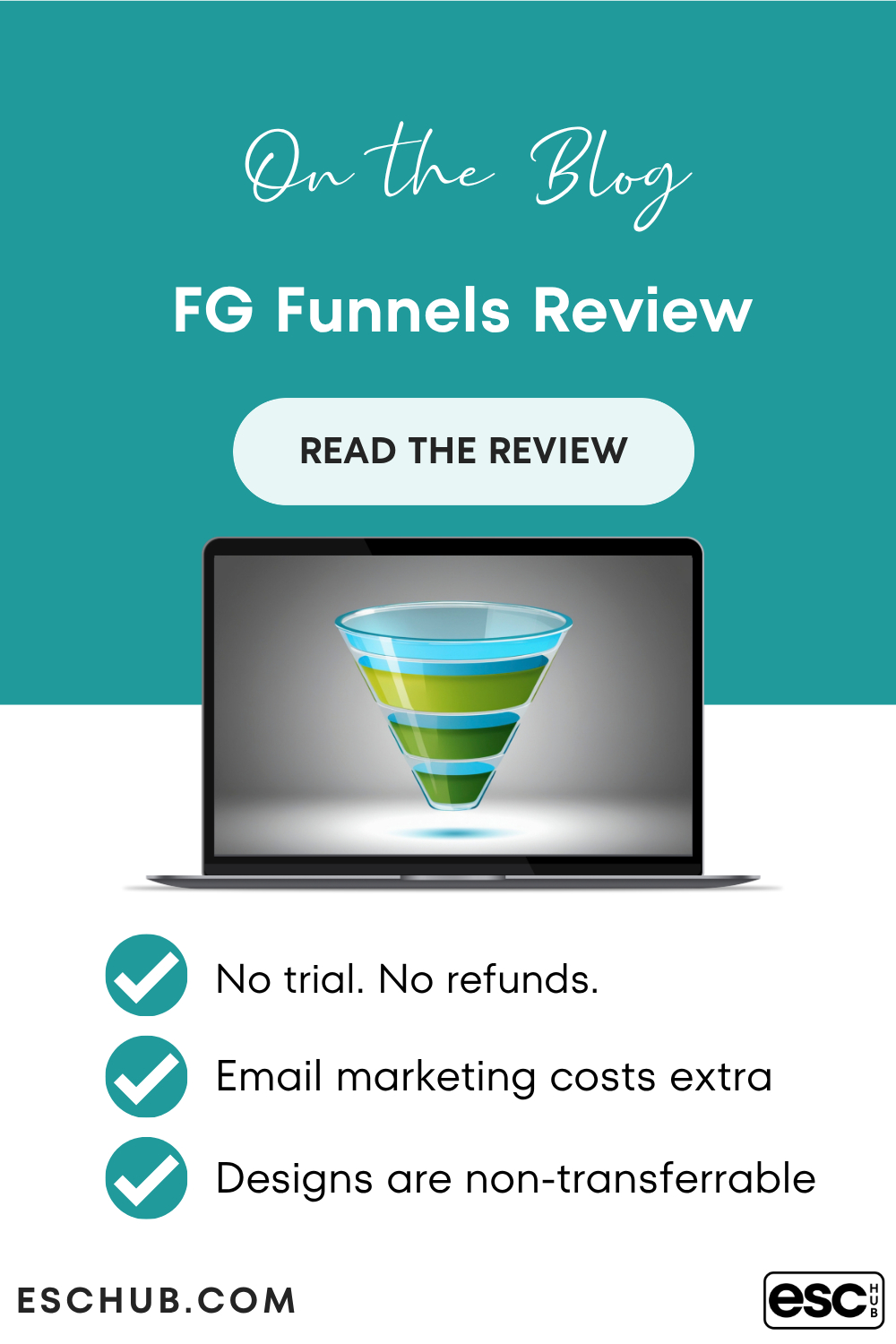 Pinterest graphic with FG Funnels review for coaches and online business owners - eschub.com