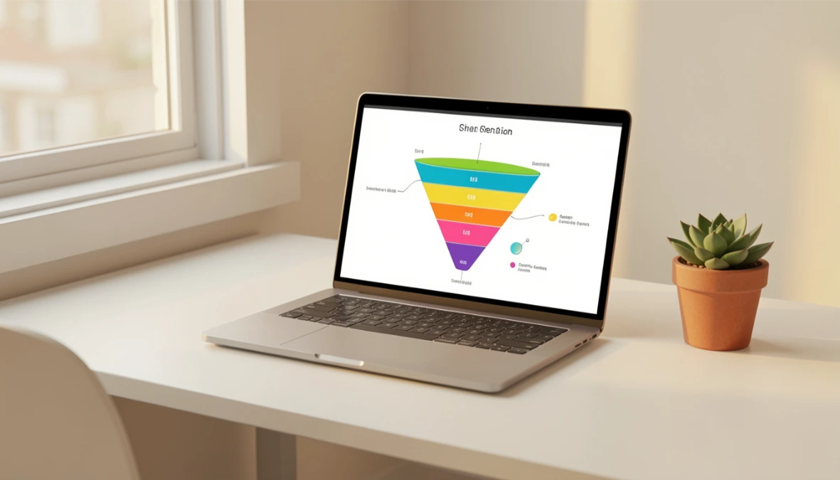 Laptop on clean desk showing colourful funnel diagram representing FG Funnels review for coaches and online business owners