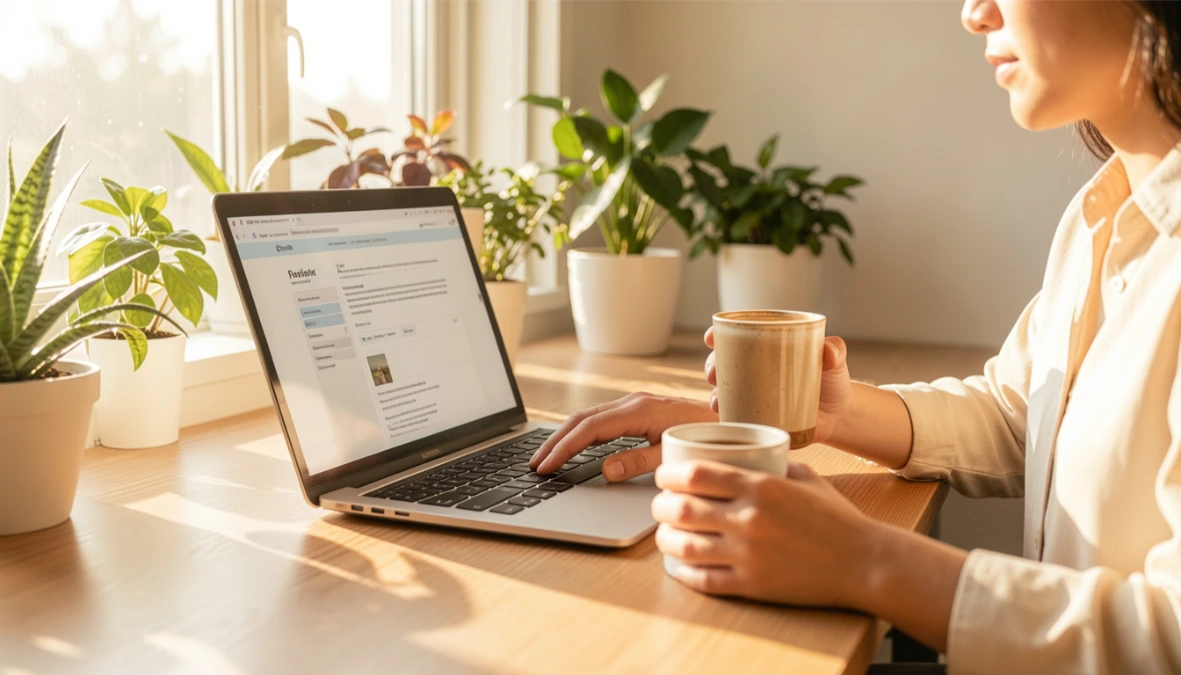 Woman at bright home office desk with laptop and coffee representing a coach making a platform decision between Kajabi vs Kartra