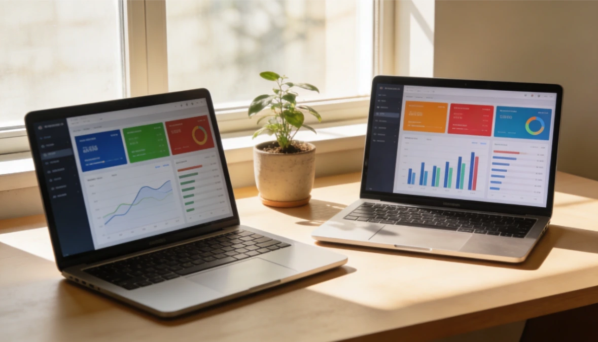 Two laptops side by side on clean desk showing different dashboards representing Kajabi vs Kartra platform comparison for coaches and online business owners