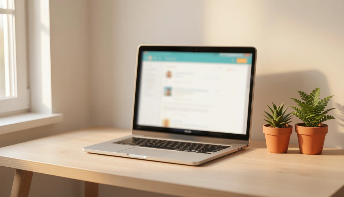 Laptop on clean minimal desk with blurred email interface representing nurture email sequence for small business owners