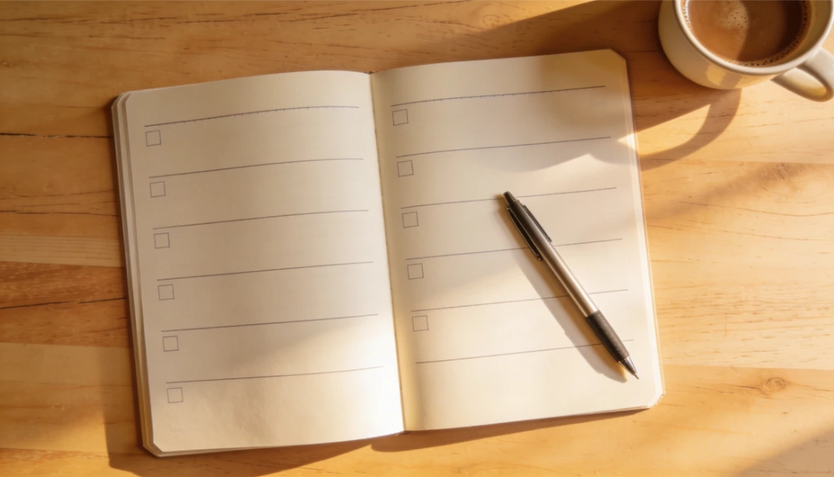 Overhead flatlay of desk with open blank planning grid notebook and pen representing nurture email sequence planning for small business owners