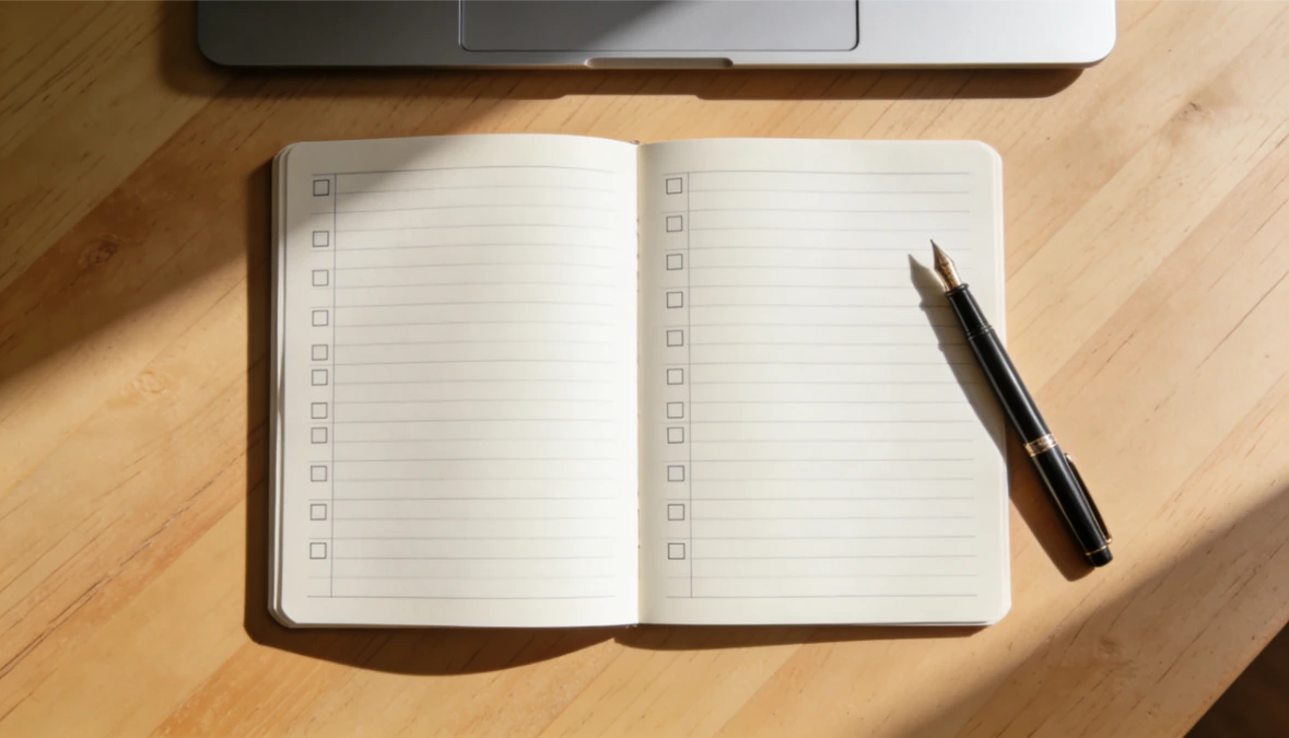 Overhead flatlay of desk with open blank checklist notebook representing workflow automation for small business follow up and onboarding