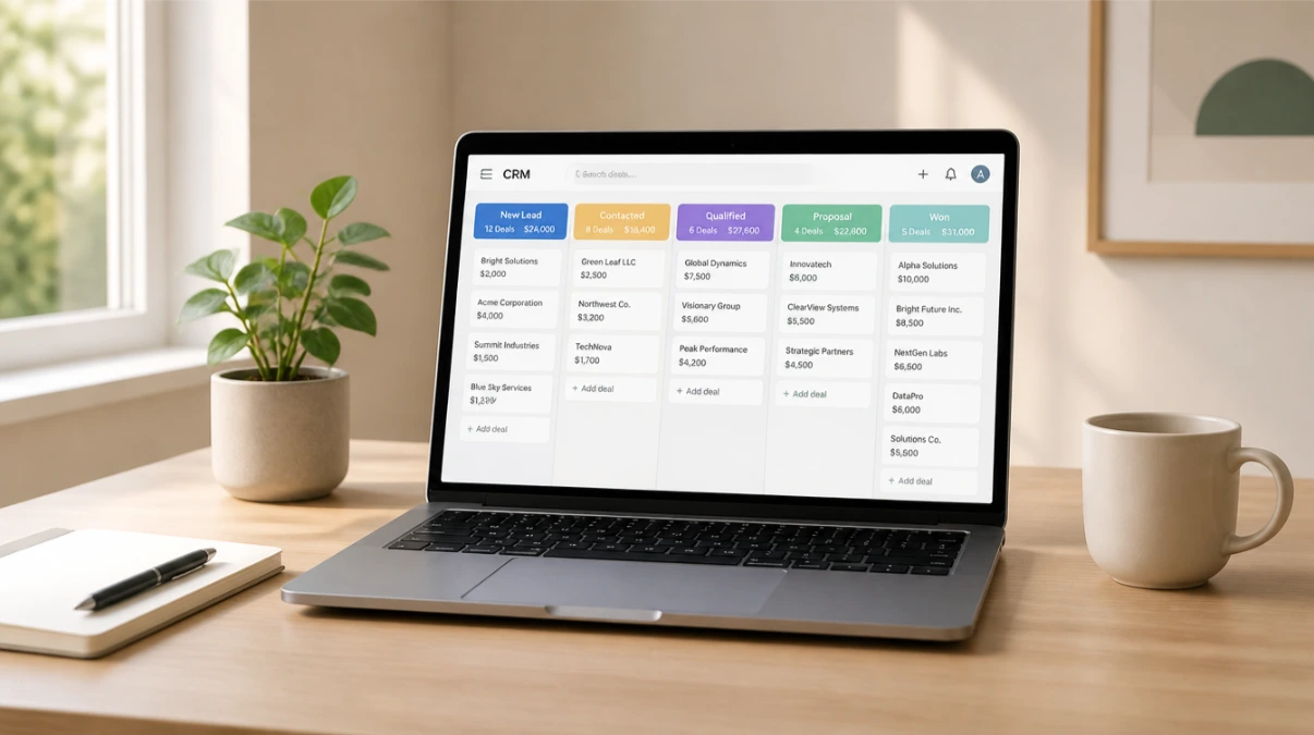 Laptop on clean desk showing CRM stage columns representing follow up automation for small business owners