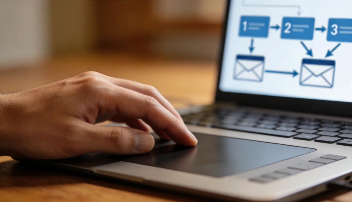 Hand on laptop trackpad with email workflow diagram on screen representing automate follow up emails for small business owners