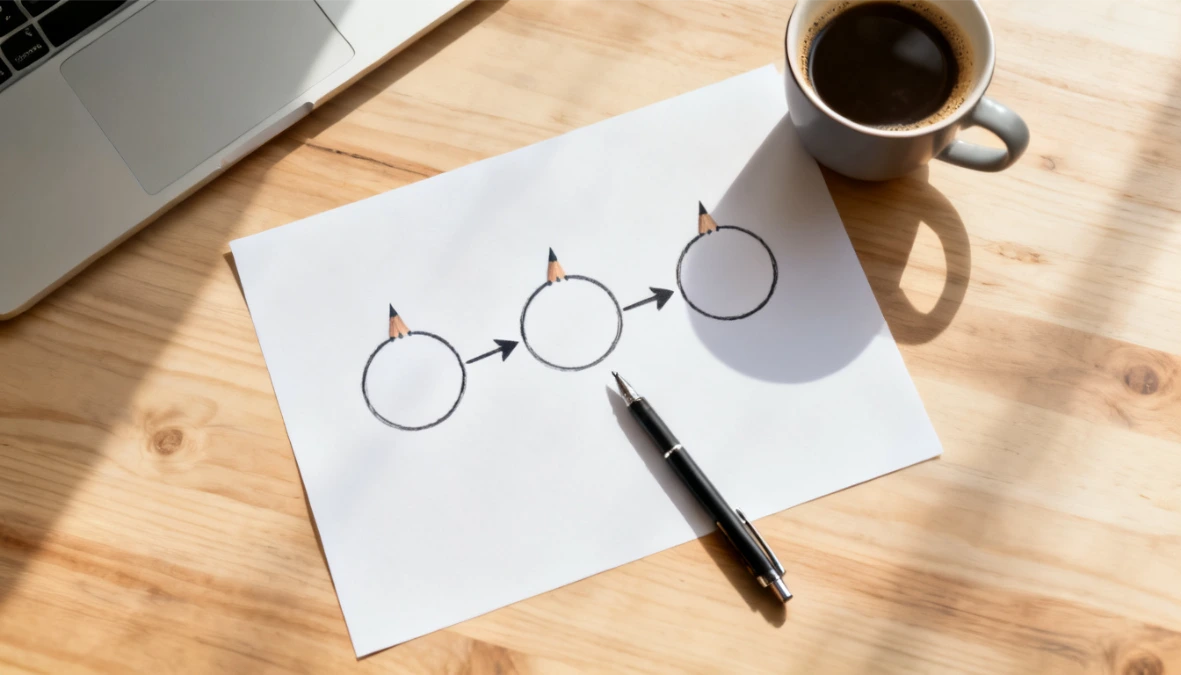 Overhead flatlay of desk with hand-drawn funnel diagram on paper representing free funnel builder options for small business owners