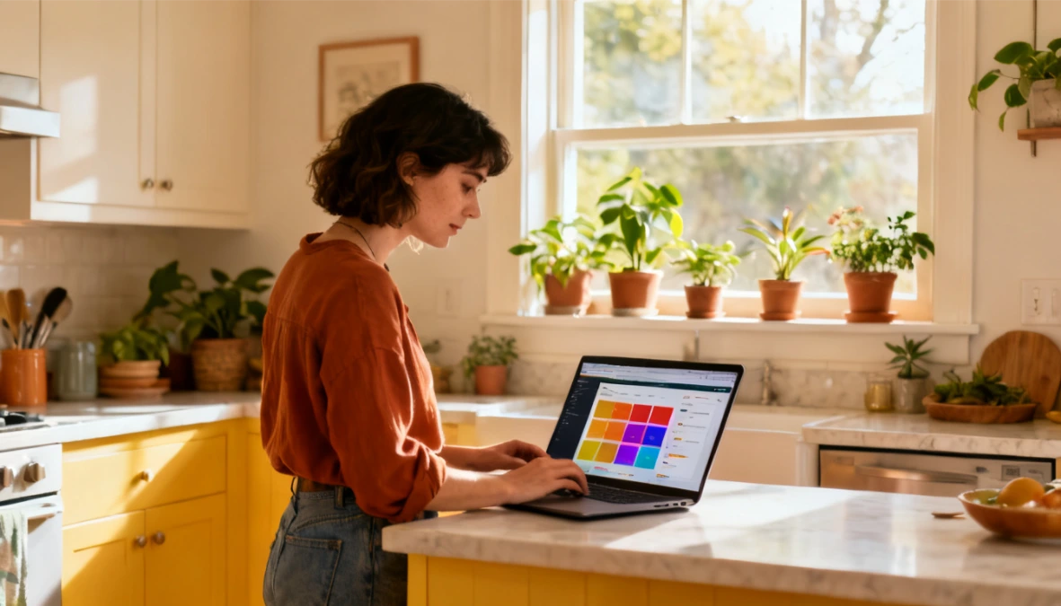 Woman at kitchen island with laptop showing page builder interface representing free AI funnel builder and drag and drop funnel builder options