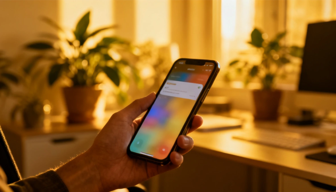 Hand holding smartphone with colourful blurred interface representing free funnel builder platform comparison for small business owners