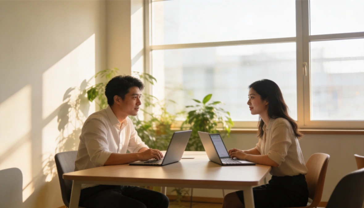 Two people at bright minimal meeting room table with laptops representing CRM for solopreneurs and consulting business client relationships