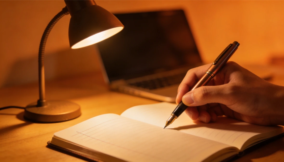 Hand holding fountain pen over blank notebook with warm desk lamp representing cheap CRM for small business and consultant client management setup