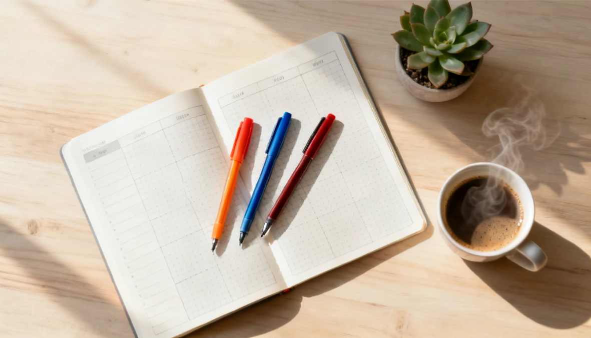 Overhead flatlay of pale wood desk with blank weekly planner and coloured pens representing best CRM for small consulting business organisation