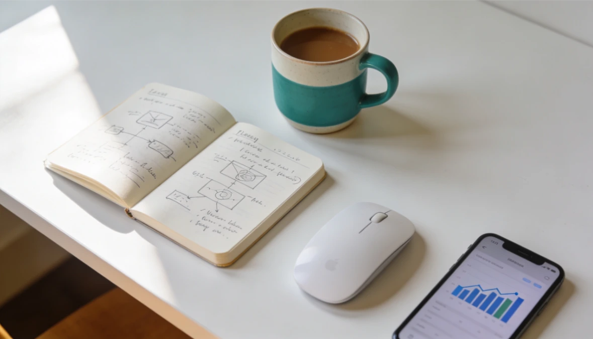 Overhead flatlay of notebook with keyword notes and analytics on phone screen - SEO tools for small business setup