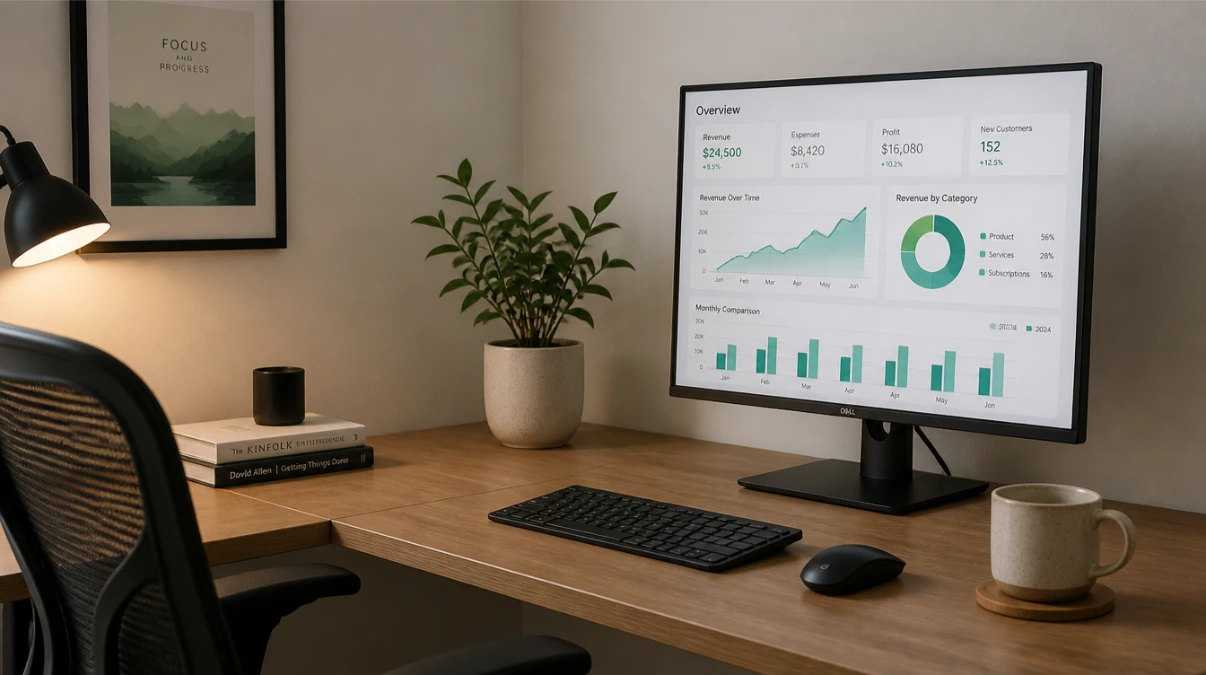 Home office desk with monitor showing analytics dashboard - tracking SEO performance for small business