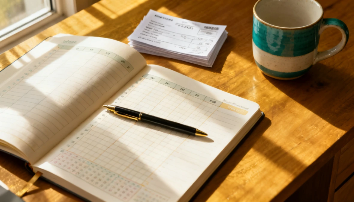 Overhead desk flatlay with planner, contracts and teal mug - client management tools for solopreneurs Overhead desk flatlay with planner, contracts and teal mug - client management tools for solopreneurs