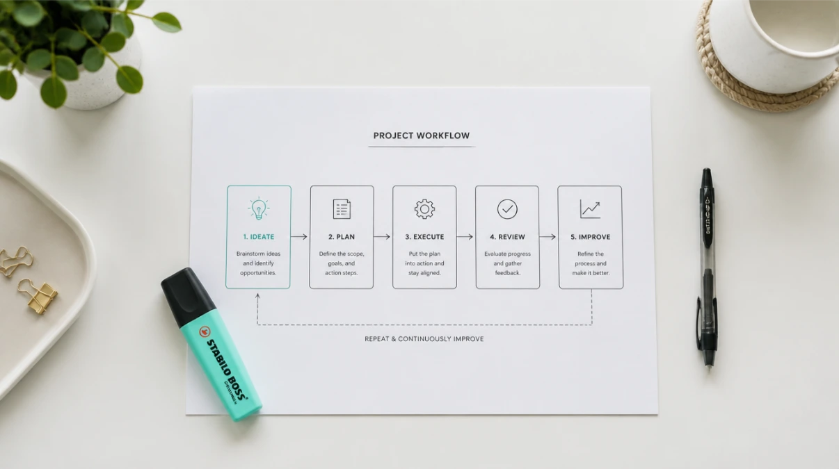 Overhead flatlay of workflow diagram on desk with teal highlighter - setting up automated email sequences Overhead flatlay of workflow diagram on desk with teal highlighter - setting up automated email sequences