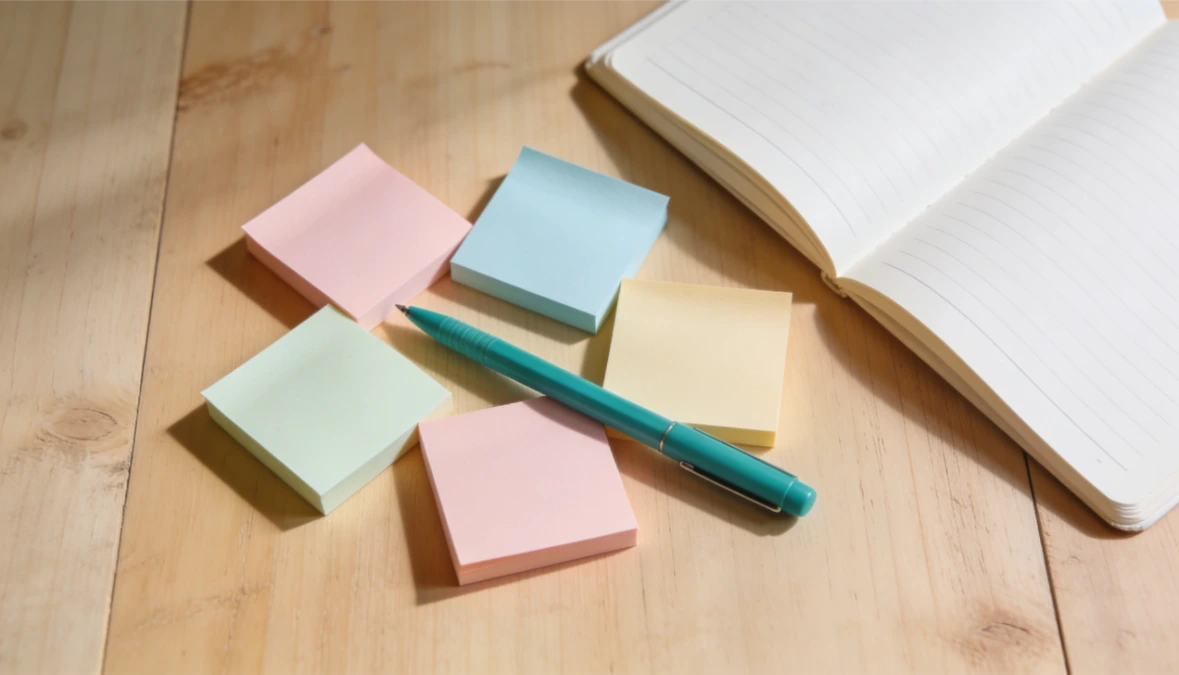 Overhead flatlay of sticky notes and teal pen on desk - planning business tools for small business
