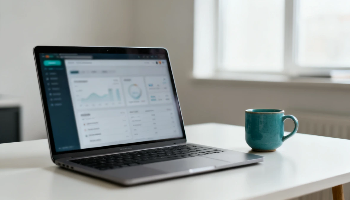Clean minimal home office desk with laptop showing dashboard and teal mug - business tools for small business setup