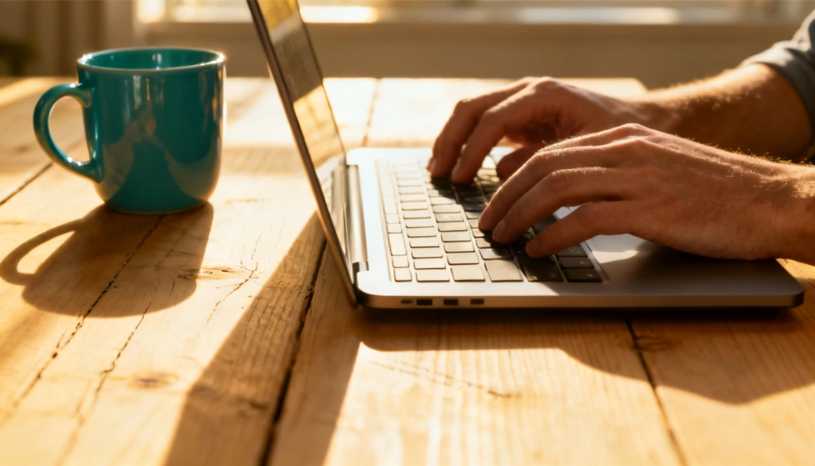 Woman at minimal desk with laptop and teal mug - email marketing for small business owners Woman at minimal desk with laptop and teal mug - email marketing for small business owners
