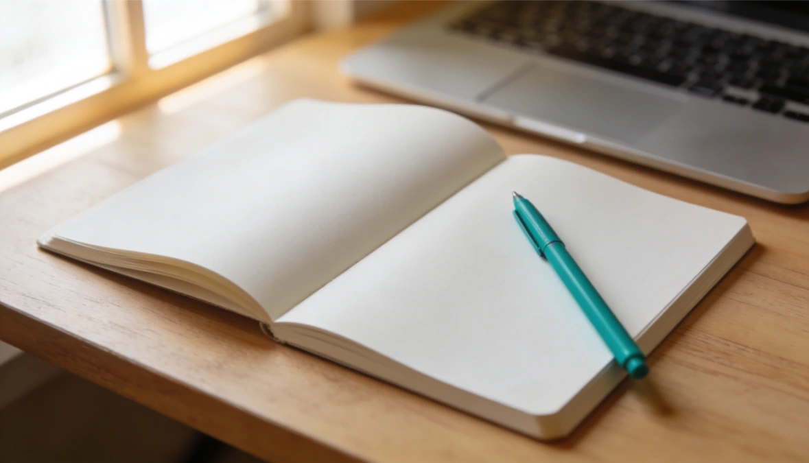 Open notebook with teal pen on wooden desk - planning email marketing for small business Open notebook with teal pen on wooden desk - planning email marketing for small business