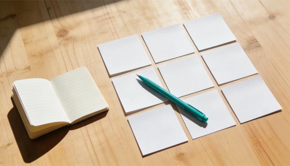 Blank cards arranged in planning grid with teal pen and notebook - mapping out pages for a coaching website