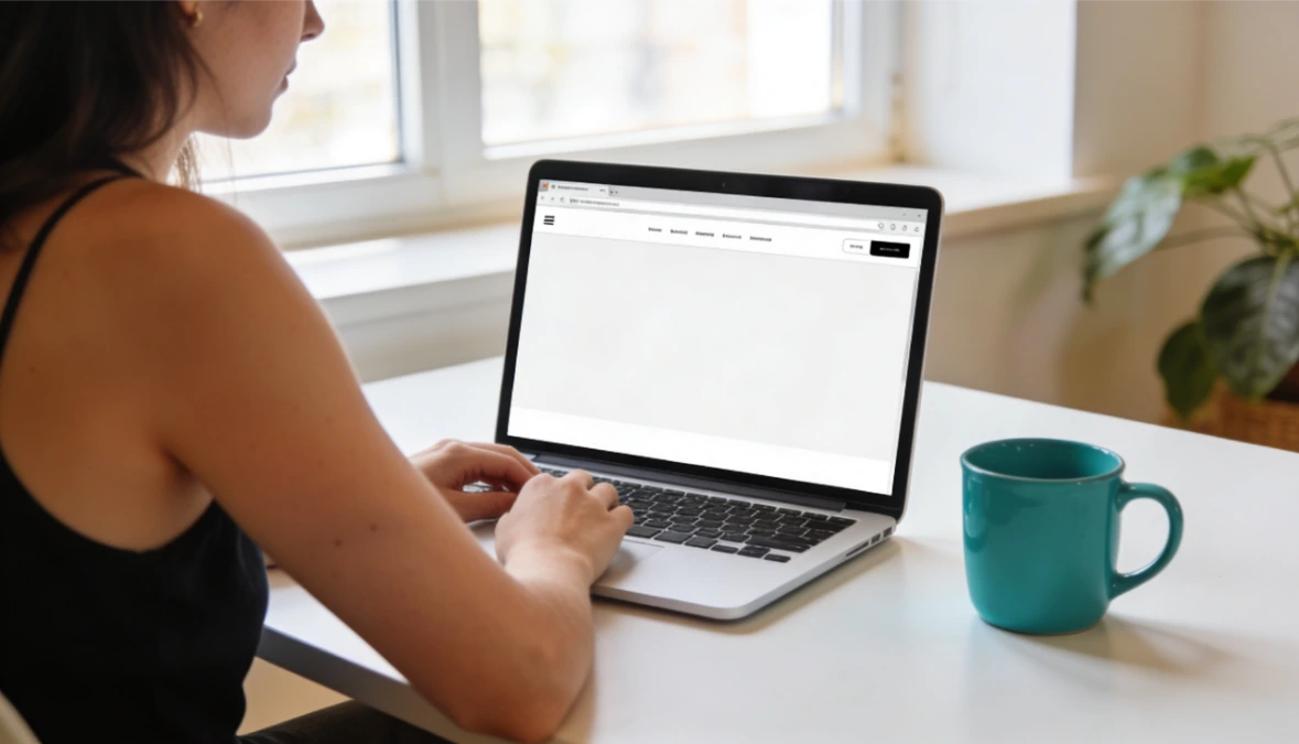 Woman at bright home office desk reviewing coaching website on laptop - building a coaching website for coaches