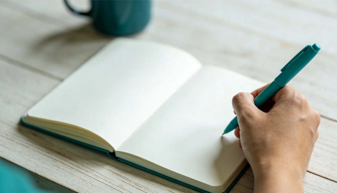 Hand writing in open teal notebook at white desk - planning how to build a coaching website