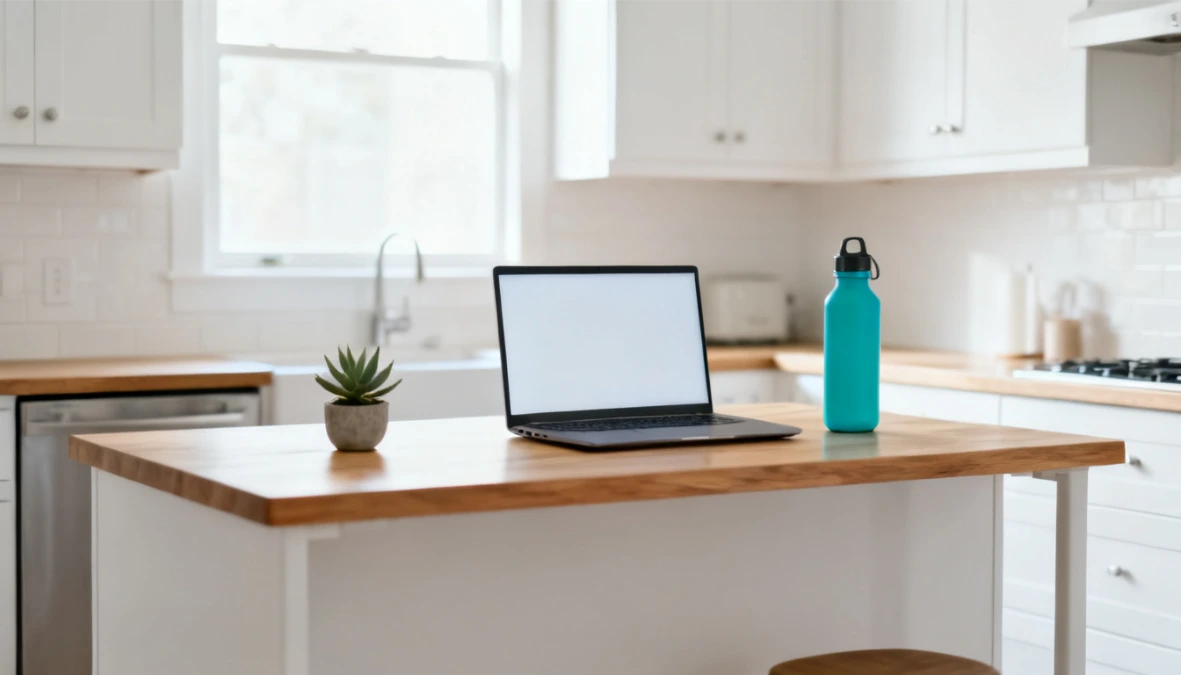 Bright minimal kitchen workspace with laptop and teal water bottle - solopreneur researching Thinkific alternatives
