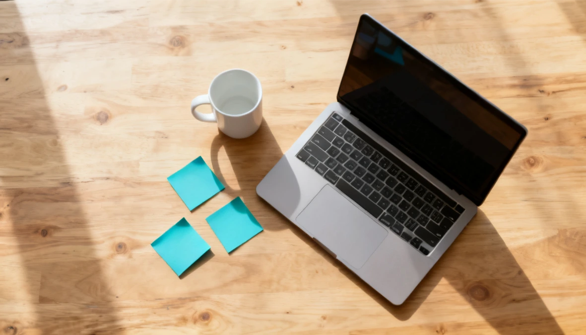 Overhead flatlay of laptop and teal sticky notes on light wood desk - comparing Thinkific alternatives for coaches