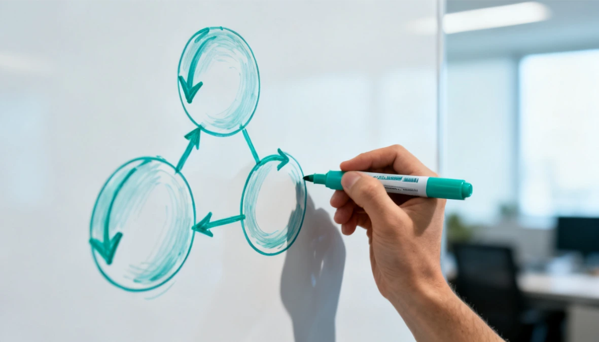 Hand drawing connected circles diagram on whiteboard with teal marker - how to choose a Thinkific alternative for coaching business