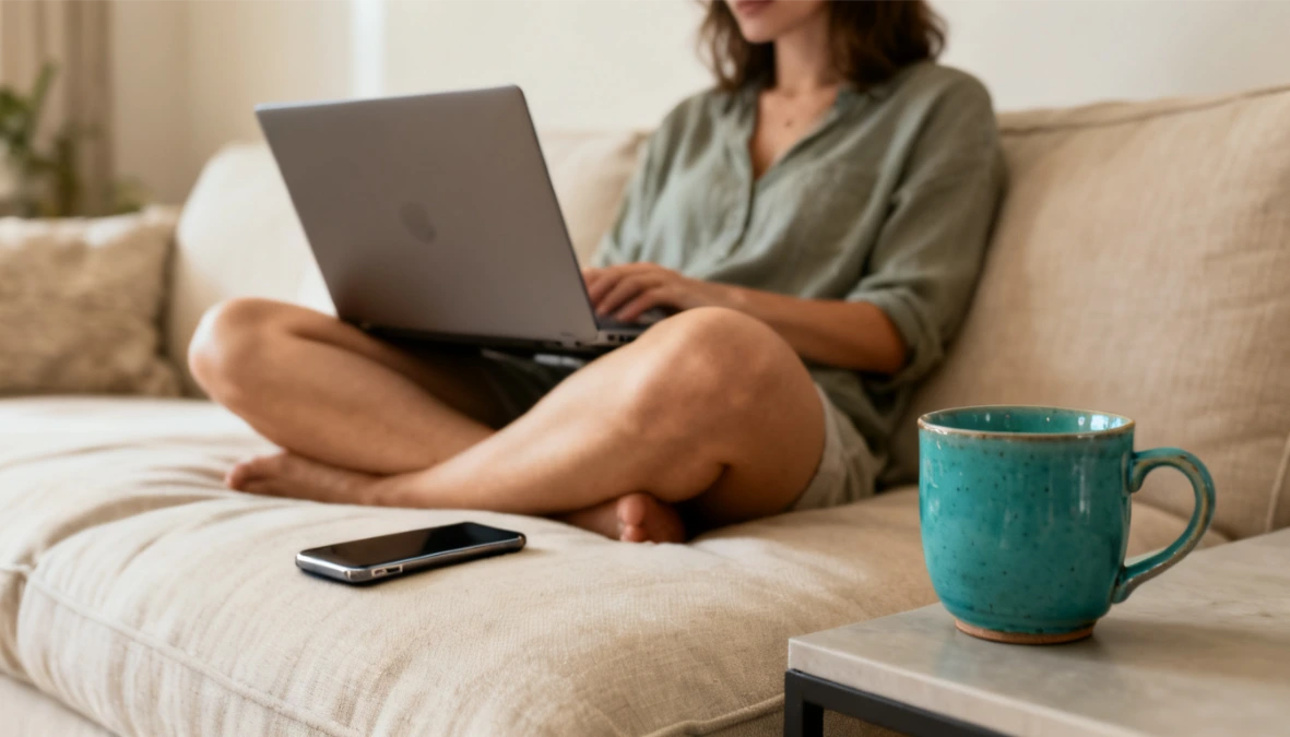 Woman on sofa with laptop and phone beside teal mug - automation tools for Instagram business