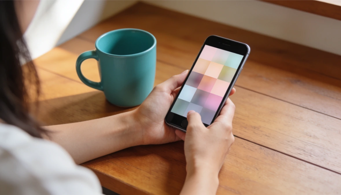 Woman holding phone showing Instagram feed with teal mug - automation tools for Instagram business