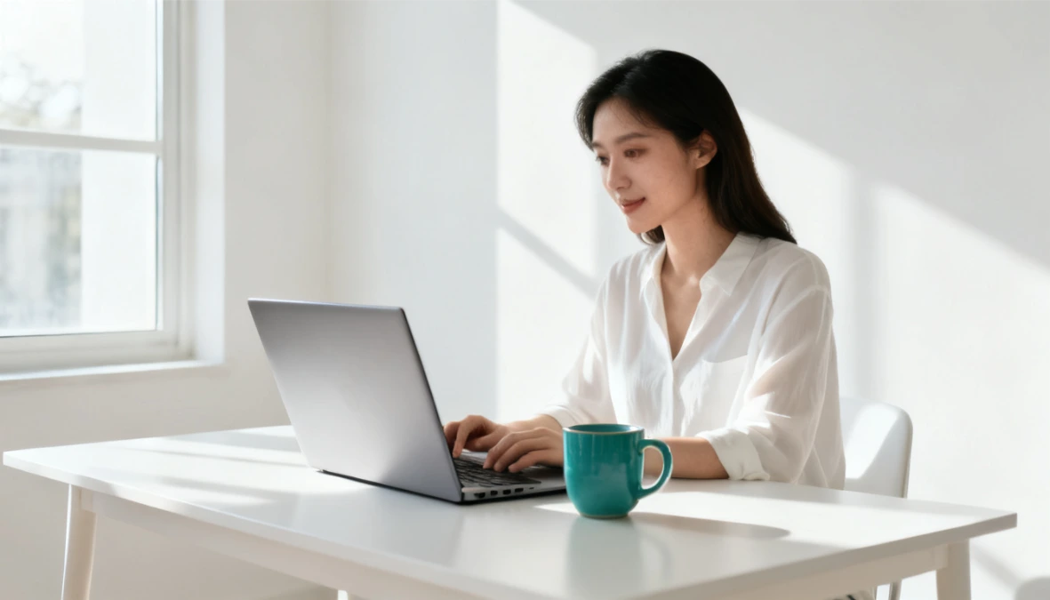 Woman at clean minimal desk with laptop and teal mug, choosing the right coaching business platform