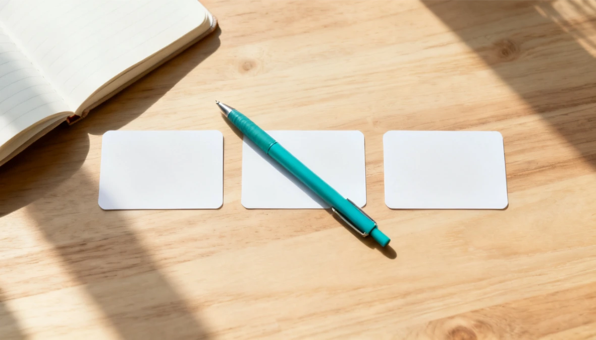 Overhead flatlay of three blank cards and teal pen on desk comparing FG Funnels vs GoHighLevel vs ESC Hub