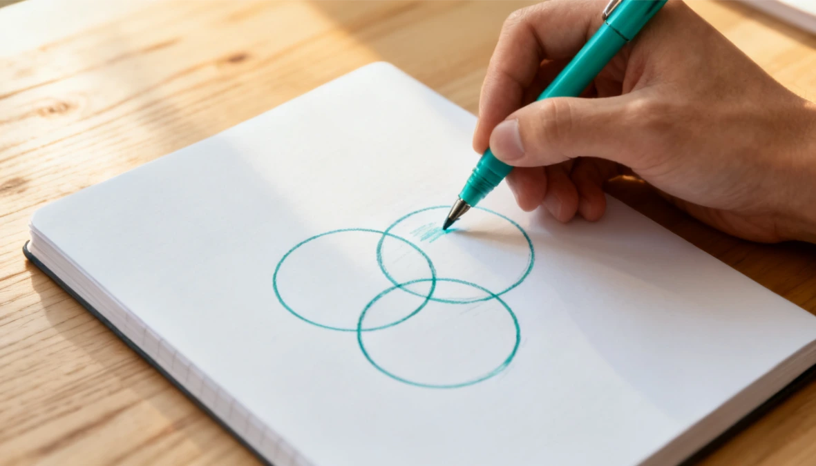 Hand drawing overlapping circles on notebook with teal pen, FG Funnels, GoHighLevel and ESC Hub shared platform comparison