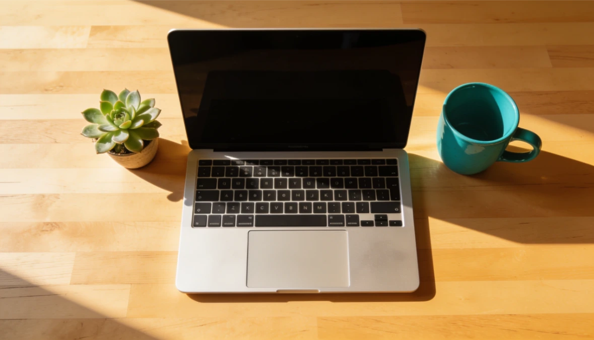 Woman at clean white desk with laptop and teal mug - choosing all-in-one business software for solopreneurs