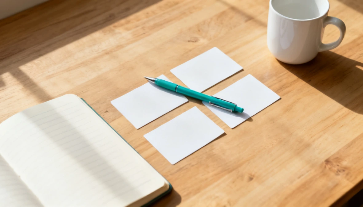 Overhead flatlay of blank cards and teal pen on light wood desk - evaluating all-in-one business software