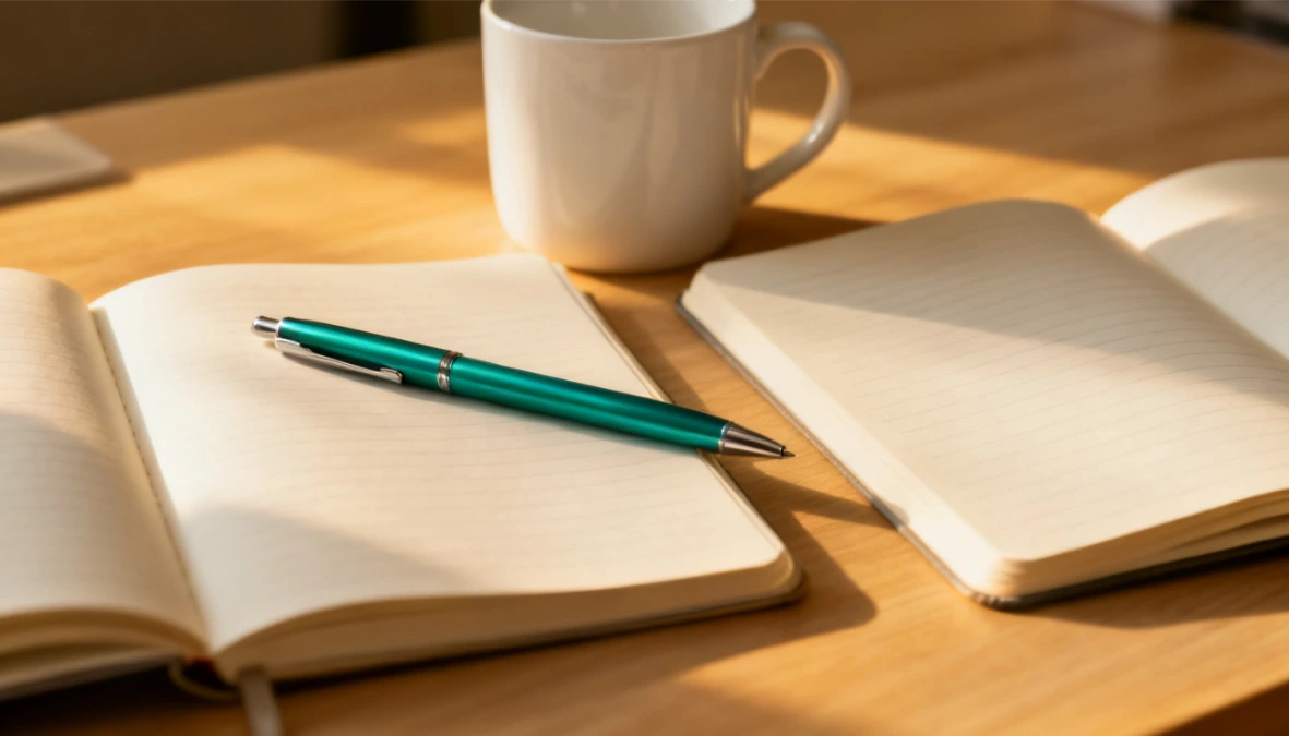 Two open notebooks with teal pen on wood desk - researching Kartra alternatives for coaching business
