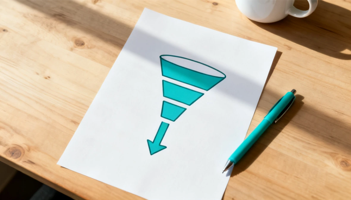 Overhead flatlay of funnel diagram sketched in teal on desk - building evergreen funnels for coaching business
