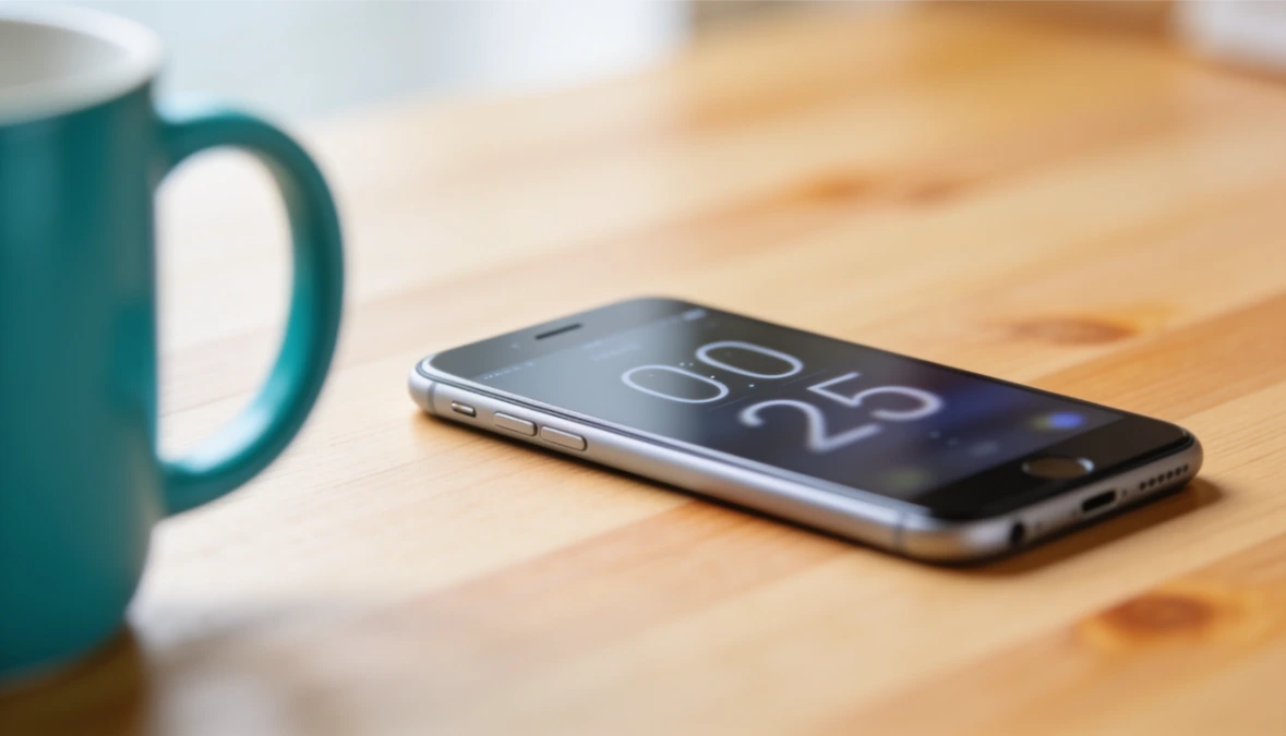  Smartphone showing countdown timer on light wood desk with teal mug - deadline funnels for coaches